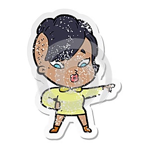 distressed sticker of a cartoon surprised girl pointing