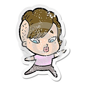 distressed sticker of a cartoon surprised girl pointing