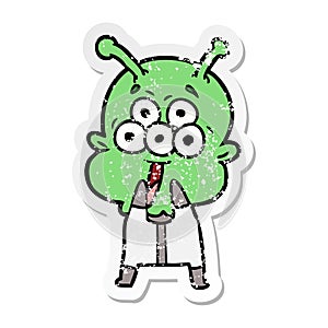 distressed sticker of a happy cartoon alien gasping in surprise