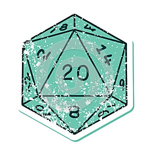 distressed sticker tattoo style icon of a d20 dice