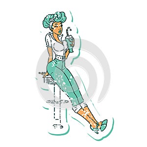 distressed sticker tattoo style icon of a pinup girl drinking a milkshake