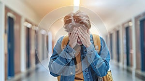 Distressed teenage boy in school corridor with text space student coping with struggles