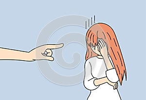 A distressed woman stands offended and points a finger at her. A sad woman feels oppressed and is bullied. Vector illustration