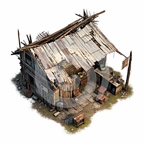 Distressed Wooden Hut: Hyper-detailed 3d Renderings With Chinese Iconography