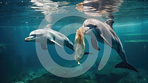 A distressing scene of a dolphin struggling amidst plastic waste