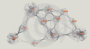 Distributed computing. Big data visual representation. Cluster analysis visualization. Global communication network.
