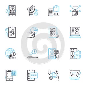 Distributed ledgers linear icons set. Blockchain, Decentralization, Cryptography, Ledger, Consensus, Smart contracts, PP