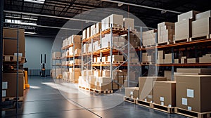 Distribution center with box packaging on shelves. Warehouse with packaged goods. Ai art