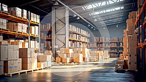 Distribution center with box packaging on shelves. Warehouse with packaged goods. Ai art