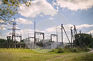 Distribution electric substation with power lines and transformers