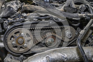 Distribution group of an engine, exposed, to be repaired. photo