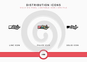 Distribution icons set vector illustration with solid icon line style. Logistic delivery concept.