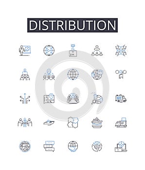 Distribution line icons collection. Dispensation, Allotment, Delivery, Allocation, Apportionment, Provisioning, Supply