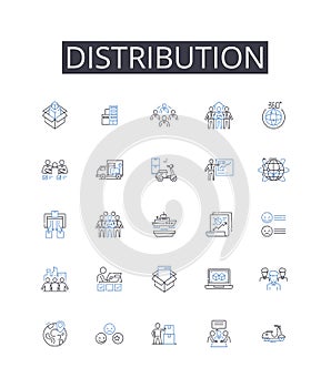 Distribution line icons collection. Dispensation, Allotment, Delivery, Allocation, Apportionment, Provisioning, Supply