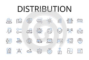 Distribution line icons collection. Dispensation, Allotment, Delivery, Allocation, Apportionment, Provisioning, Supply