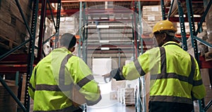 Distribution, logistics and inspection with warehouse team walking together to check stock or storage. Delivery, product