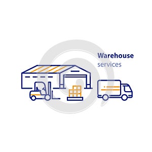 Distribution services, warehouse and transportation, icon set