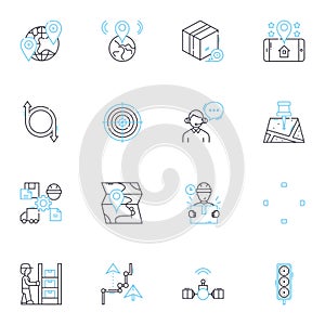 Distribution and transfer linear icons set. Logistics, Shipping, Import, Export, Transportation, Route, Pipeline line