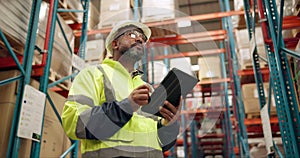 Distribution, warehouse and black man on tablet for inspection, inventory and online stock. Manufacturing, supply chain