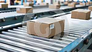 Distribution warehouse conveyor belt with e commerce packages for automated logistics