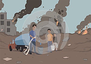 Distribution of water to the victims of the military conflict. Humanitarian aid. Water scarcity. Vector illustration.