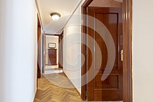 Distributor corridor of a residential house with oak parquet floors and varnished spaelly doors