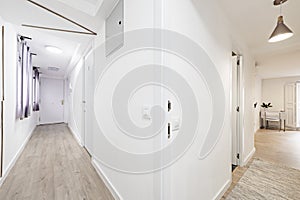 Distributor hallway with brown wooden floor, white wooden doors and access