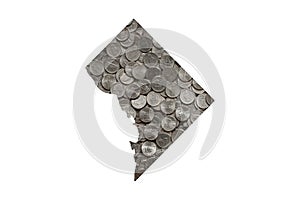District of Columbia, Washington D.C. State Map Outline with Piles of United States Nickels, Money Concept photo