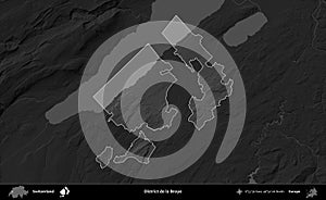 District de la Broye highlighted, Switzerland. Grayscale