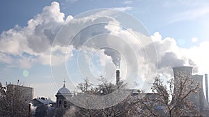 District heating power plant - hot steam in the cold air