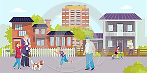 District street, vector illustration. Urban architecture with elderly man woman people character, cartoon town house