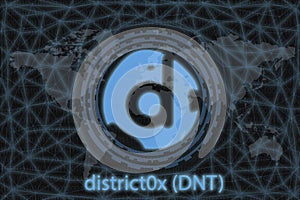 District0x DNT Abstract Cryptocurrency. With a dark background and a world map. Graphic concept for your design