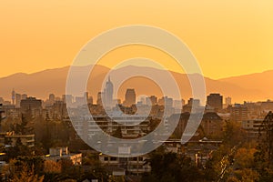 Districts of Las Condes, Providencia and Santiago Centro at sunset, Santiago