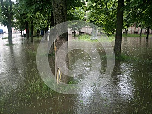 Distruction of park with flood. Distruction of roads after fthe rain. photo