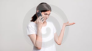 Disturbed woman portrait phone call weird offer