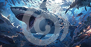 Disturbing great white shark illustrated from a real nightmare - Generative AI