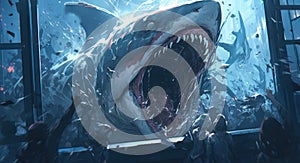 Disturbing great white shark illustrated from a real nightmare - Generative AI