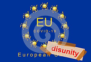 Disunity  advertisement with gummed paper tape. EU symbol  official colors of the flag. Cartoon. Pandemic Covid-19. photo