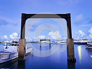 Disused Pillars of Floating pier at Ishigaki port in Ishigaki island, Okinawa, Japan, at dawn