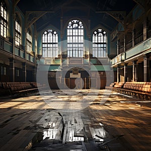 Disused run down, empty school hall, generative ai