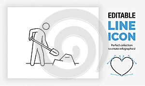 Ditable line icon of a stick figure shovelling