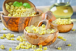 Ditalini macaroni. Pasta rings. Tubettini and thimbles. Anellini.