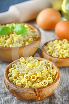 Ditalini macaroni. Pasta rings. Tubettini and thimbles. Anellini.