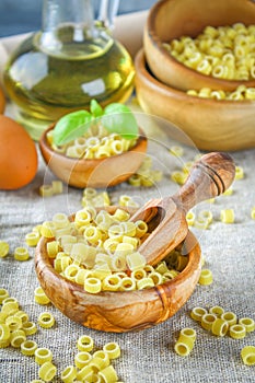 Ditalini macaroni. Pasta rings. Tubettini and thimbles. Anellini.