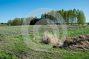 Ditch with water in front of green field, copse and blue sky