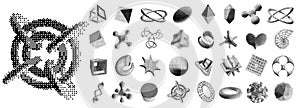 Dither bitmap 3D shapes. Retro futuristic digital objects with pixel dithering texture, abstract geometric figures and photo