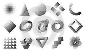 Dithering shapes. Retro 90s style pixel abstract geometric forms, trendy black and white circle and square halftone