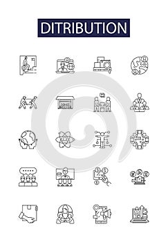 Ditribution line vector icons and signs. Circulate, Spread, Disseminate, Allocate, Disburse, Diffuse, Mete, Partition photo