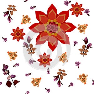 Ditsy ornament with large red mandala and small paisley patterns, rosebuds and tiny purple flowers on a white background. Seamless