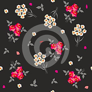 Ditsy seamless floral pattern with bouquets of red roses and white daisies on black background.